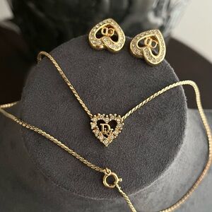 Vintage Christian Dior Logo Hollow Heart Rhinestone Gold Necklace Earrings Set